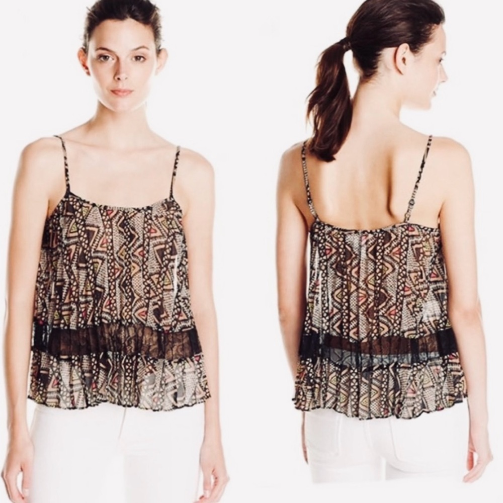 BCBGeneration Sheer Pleated Camisole with Lace Detail in Geometric Print Medium
